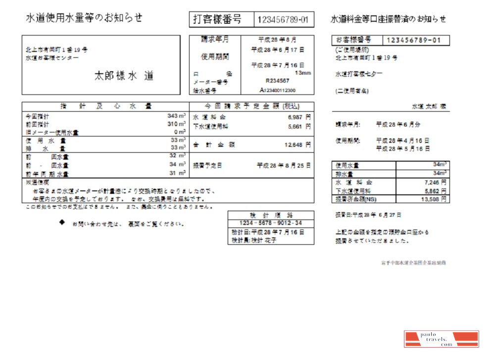 Japan Iwate Chubu Waterworks Bureau water utility bill template in Word and PDF format